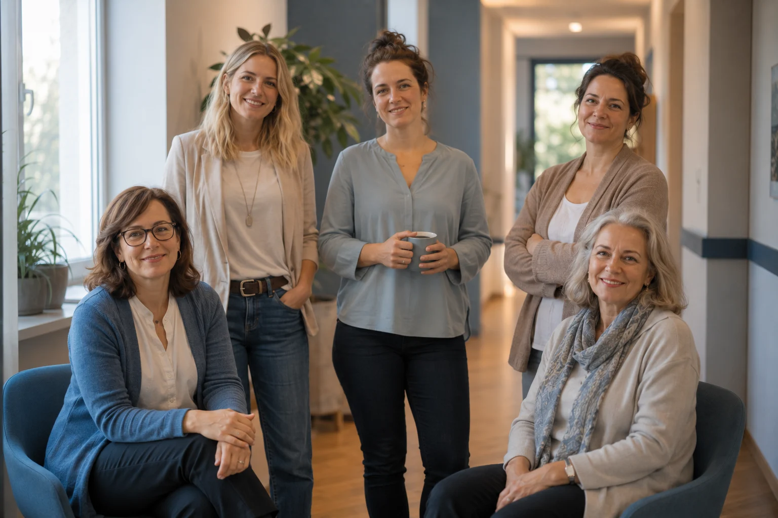 Interdisziplinäres Praxisteam in einem hellen Flur der Kinder- und Jugendpsychiatrie-Praxis