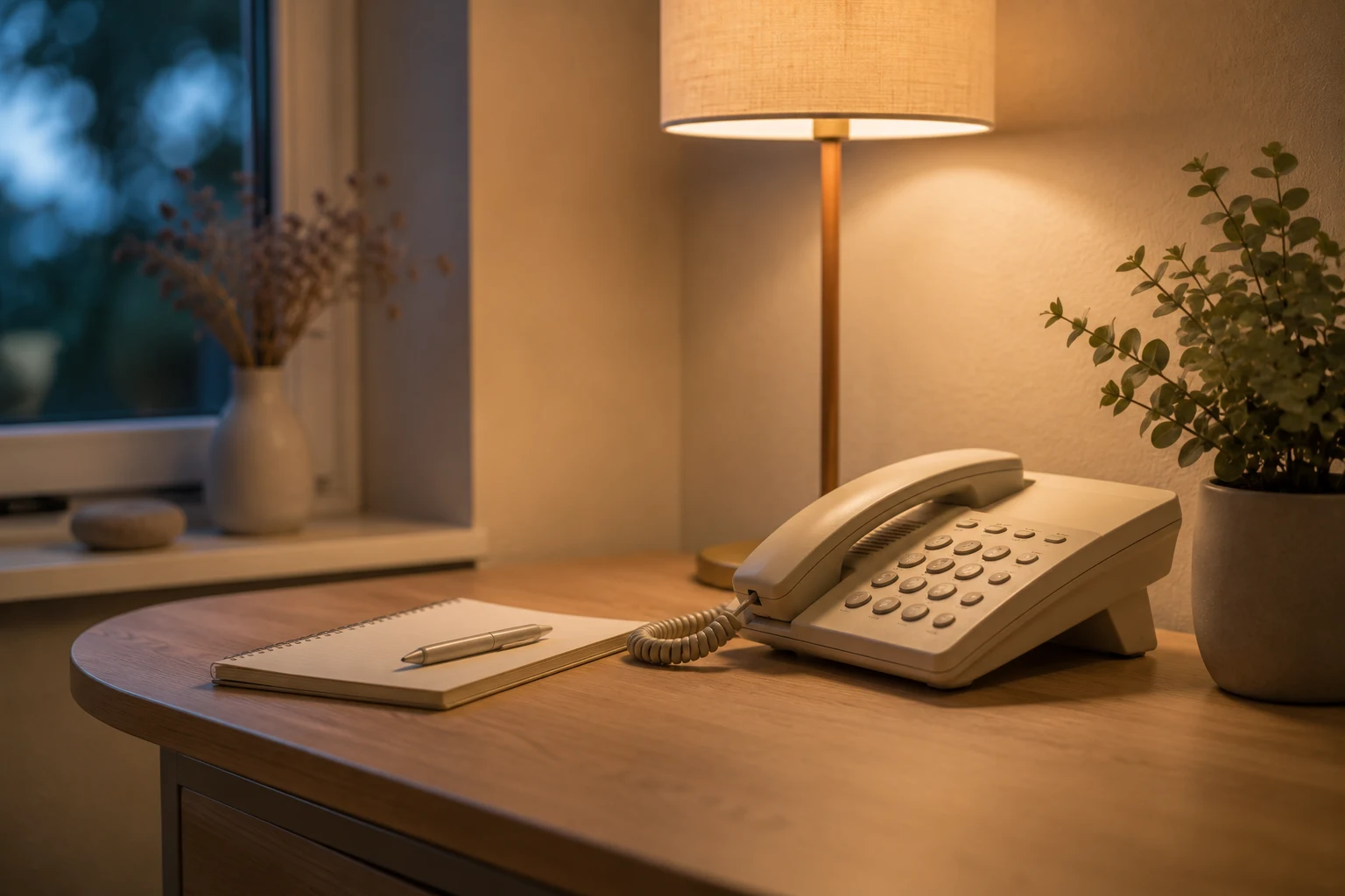 Ruhiges Stillleben mit Telefon und Notizblock auf einem Tisch