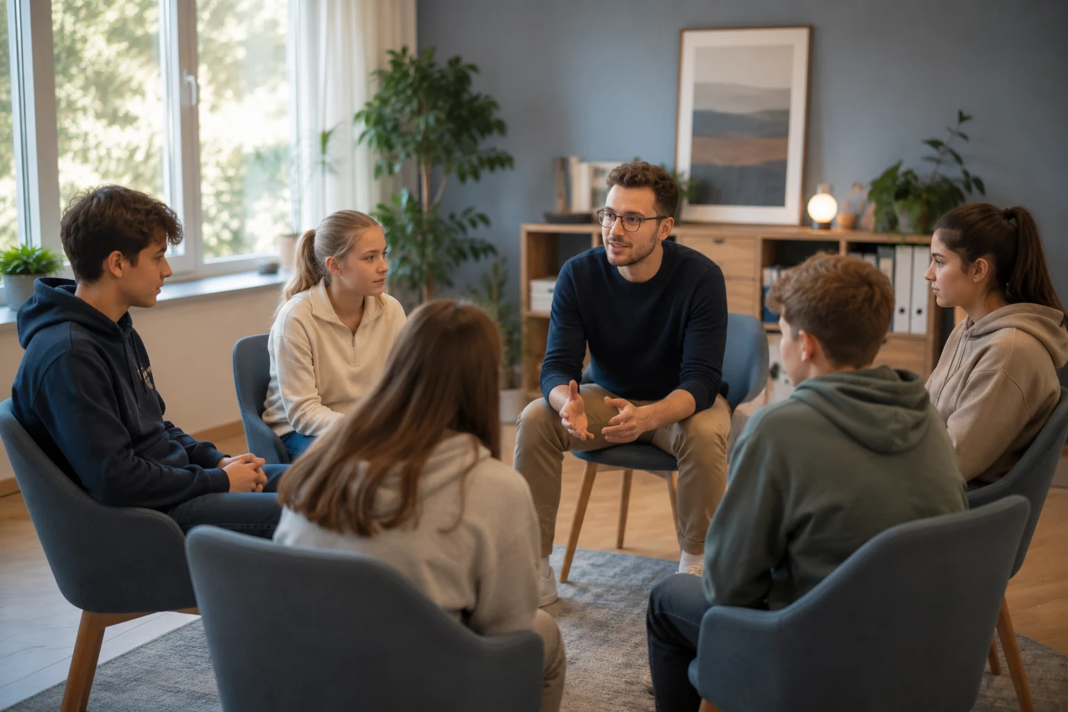 Kinder und Jugendliche sitzen im Kreis in einer Gruppentherapie-Sitzung und tauschen sich aus